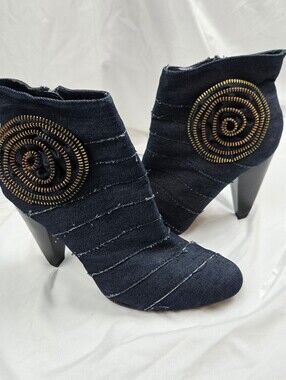 Fahrenheit Denim Ankle Booties Zipper Rose Detail, Women's High Heel Blue 7.5